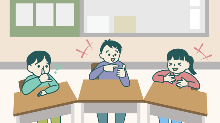 ①ろう学校の教室の様子
②三人の児童生徒が椅子に座りながら手話でおしゃべりをしている様子