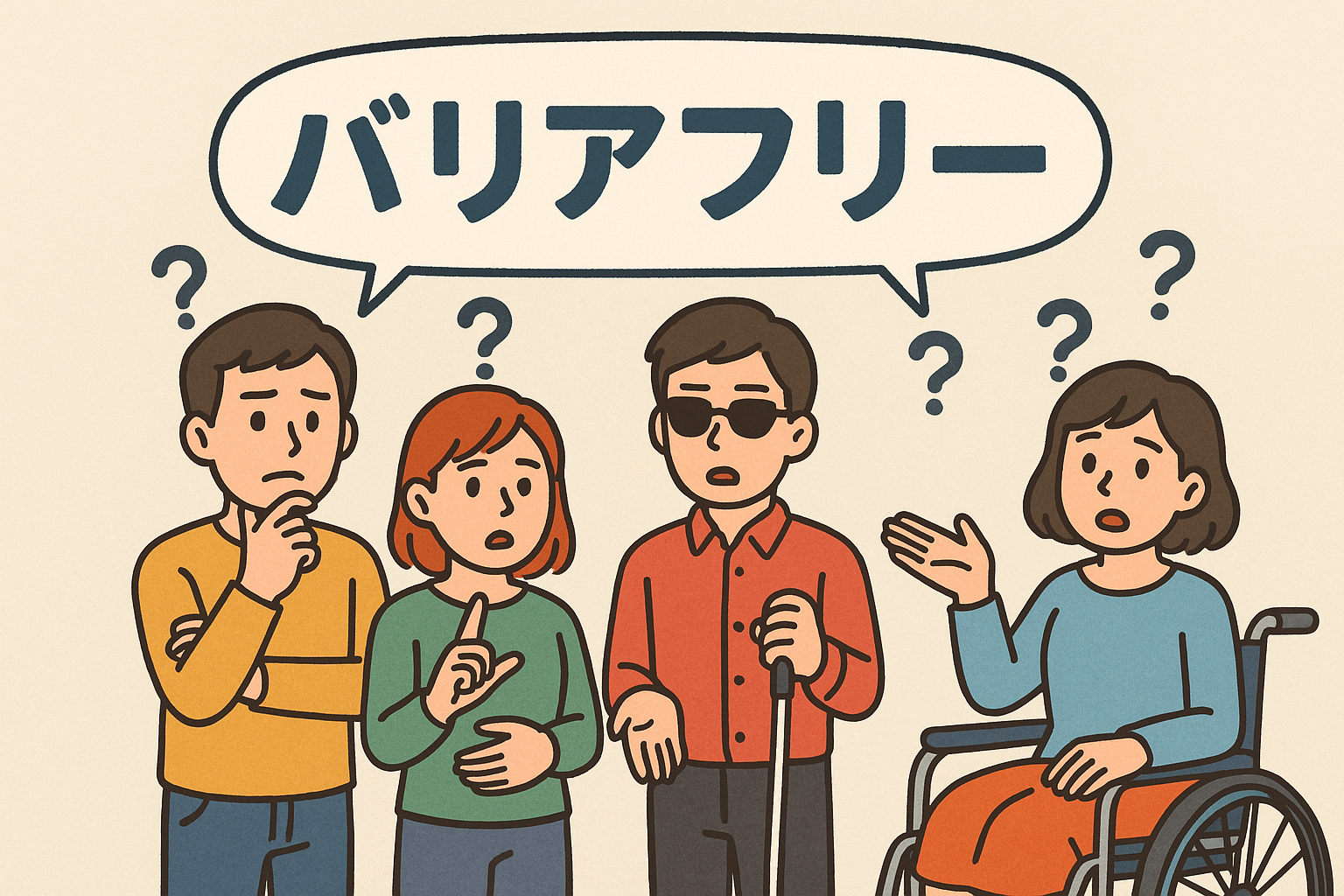 イラスト。4人の人物。左から健常者、聴覚障害者、視覚障害者、車椅子の肢体障害者。「バリアフリー」の言葉の主語は誰なのかに、困惑している表情。