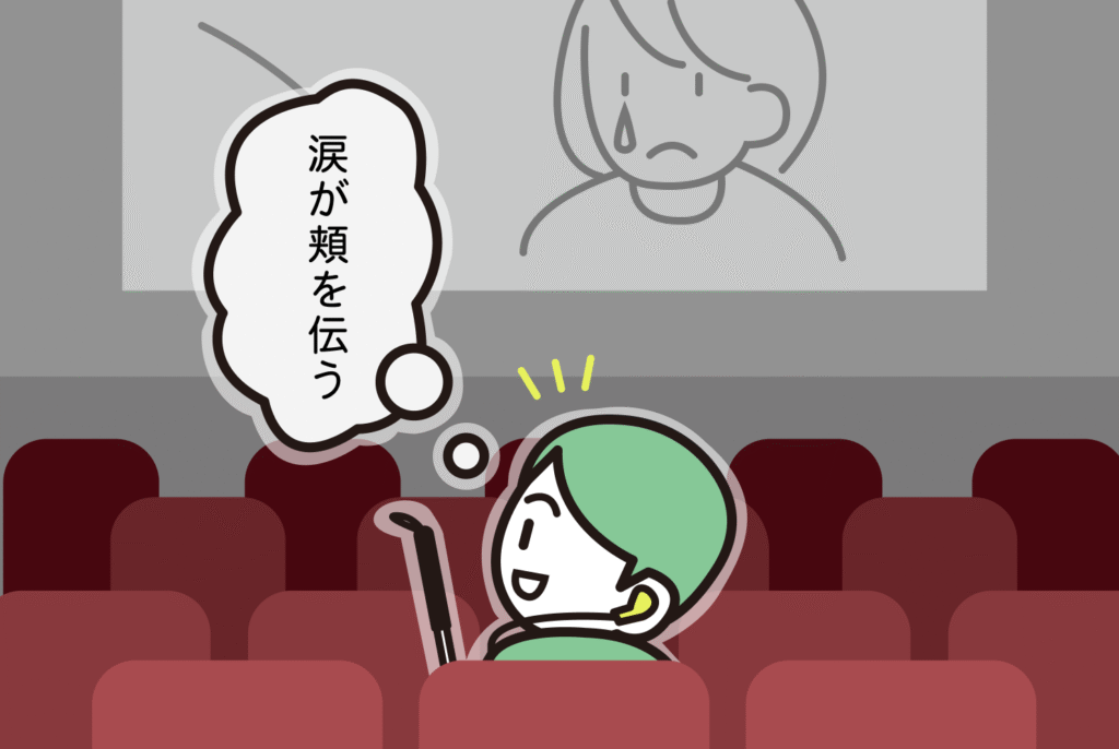イラスト。映画館にて音声ガイドを利用している視覚障害者。スクリーンには涙を流す女性。モコモコの吹き出しの中に、「涙が頬を伝う」の音声ガイドの内容。