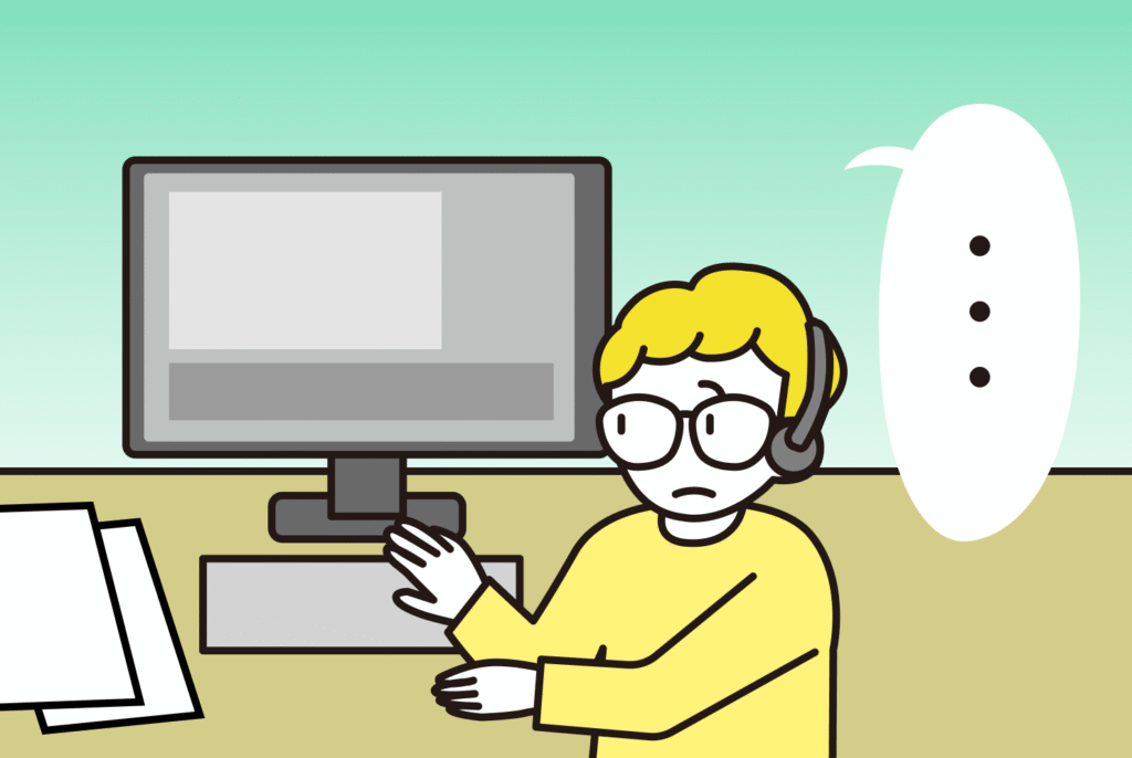 イラスト。パソコンで専用のソフトを使用し字幕を制作しているみかん。表情は浮かない。