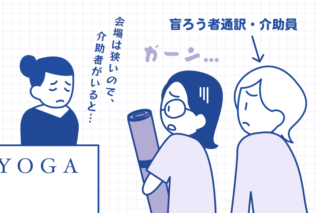 イラストで、左側にヨガの先生が困っている様子で「会場は狭いので、介助者がいると…」表示。
右側には、ヨガマットを持った田畑さんと盲ろう者通訳・介助員がいて、田畑さんの頭の上に「ガーン…」と表示。