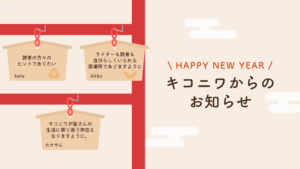 右側：タイトル「キコニワからのお知らせ」 左側：絵馬が3つ、「読者の方々のヒントでありたい Kata」「ライターも読者も自分らしくいられる居場所でありますように Akko」「キコニワが皆さんの生活に寄り添う存在となりますように。たけやん」それぞれ描いている。