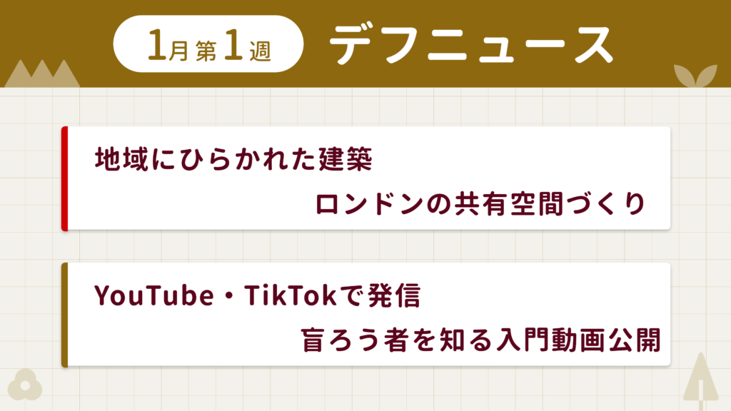 1月第1週デフニュースの下に見出しが二つ並んでいます。一つ目「地域にひらかれた建築　ロンドンの共有空間づくり」二つ目「YouTube・TikTokで発信　盲ろう者を知る入門動画公開」
