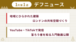 1月第1週デフニュースの下に見出しが二つ並んでいます。一つ目「地域にひらかれた建築　ロンドンの共有空間づくり」二つ目「YouTube・TikTokで発信　盲ろう者を知る入門動画公開」
